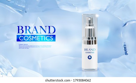 Cosmetic brand product with ice background. Beautiful flyer or banner for cosmetic ads.Realistic vector illustration.