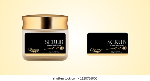 Cosmetic brand template. Vector packaging. Body care products. Oil, lotion, cream. Realistic bottle mock up set. Isolated pack on white background. scrub