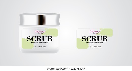 Cosmetic brand template. Vector packaging. Body care products. Oil, lotion, cream. Realistic bottle mock up set. Isolated pack on white background. scrub, silver jar