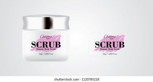 Cosmetic brand template. Vector packaging. Body care products. Oil, lotion, cream. Realistic bottle mock up set. Isolated pack on white background. scrub, silver jar