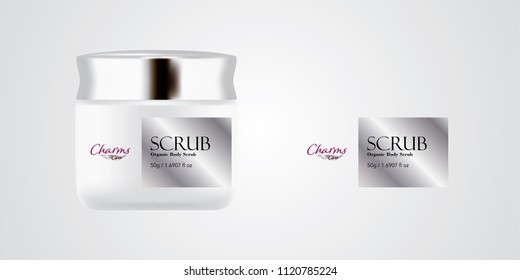 Cosmetic brand template. Vector packaging. Body care products. Oil, lotion, cream. Realistic bottle mock up set. Isolated pack on white background. scrub, silver jar