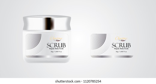 Cosmetic brand template. Vector packaging. Body care products. Oil, lotion, cream. Realistic bottle mock up set. Isolated pack on white background. scrub, silver jar