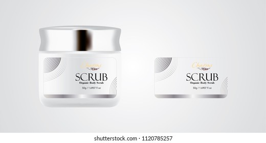 Cosmetic brand template. Vector packaging. Body care products. Oil, lotion, cream. Realistic bottle mock up set. Isolated pack on white background. scrub, silver jar