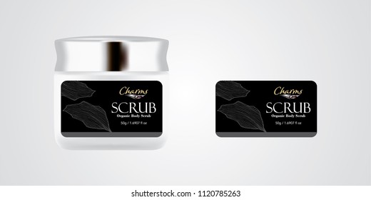 Cosmetic brand template. Vector packaging. Body care products. Oil, lotion, cream. Realistic bottle mock up set. Isolated pack on white background. scrub, silver jar