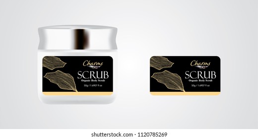 Cosmetic brand template. Vector packaging. Body care products. Oil, lotion, cream. Realistic bottle mock up set. Isolated pack on white background. scrub, silver jar