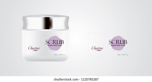 Cosmetic brand template. Vector packaging. Body care products. Oil, lotion, cream. Realistic bottle mock up set. Isolated pack on white background. scrub, silver jar