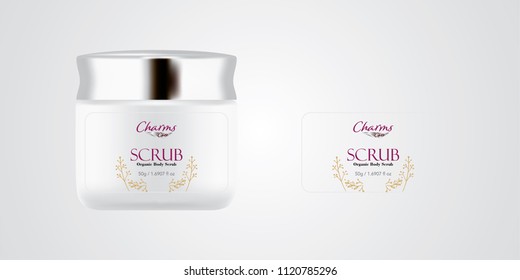 Cosmetic brand template. Vector packaging. Body care products. Oil, lotion, cream. Realistic bottle mock up set. Isolated pack on white background. scrub, silver jar