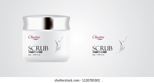 Cosmetic brand template. Vector packaging. Body care products. Oil, lotion, cream. Realistic bottle mock up set. Isolated pack on white background. scrub, silver jar