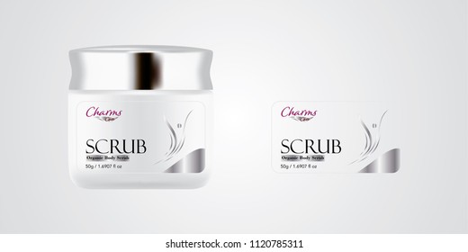 Cosmetic brand template. Vector packaging. Body care products. Oil, lotion, cream. Realistic bottle mock up set. Isolated pack on white background. scrub, silver jar