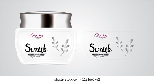Cosmetic brand template. Vector packaging. Body care products. Oil, lotion, cream. Realistic bottle mock up set. Isolated pack on white background. scrub, silver jar