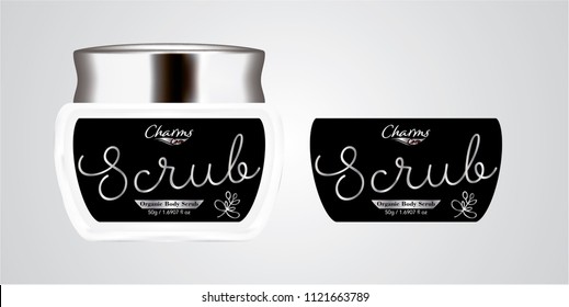 Cosmetic brand template. Vector packaging. Body care products. Oil, lotion, cream. Realistic bottle mock up set. Isolated pack on white background. scrub, silver jar