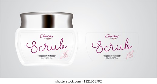 Cosmetic brand template. Vector packaging. Body care products. Oil, lotion, cream. Realistic bottle mock up set. Isolated pack on white background. scrub, silver jar