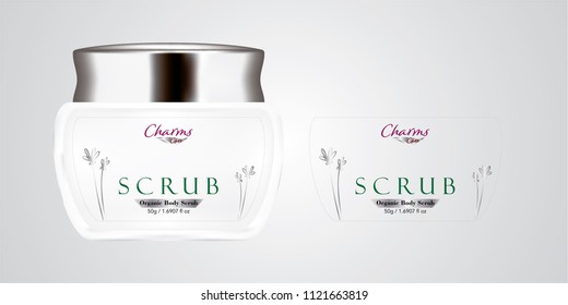 Cosmetic brand template. Vector packaging. Body care products. Oil, lotion, cream. Realistic bottle mock up set. Isolated pack on white background. scrub, silver jar