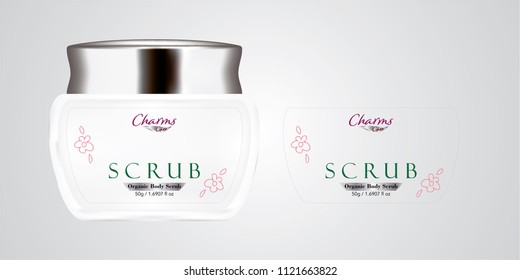 Cosmetic brand template. Vector packaging. Body care products. Oil, lotion, cream. Realistic bottle mock up set. Isolated pack on white background. scrub, silver jar