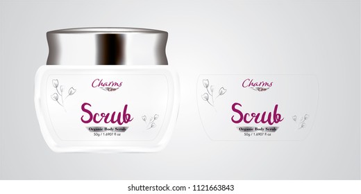 Cosmetic brand template. Vector packaging. Body care products. Oil, lotion, cream. Realistic bottle mock up set. Isolated pack on white background. scrub, silver jar