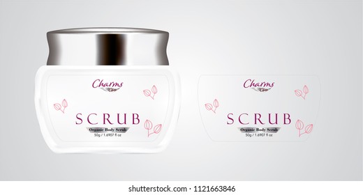 Cosmetic brand template. Vector packaging. Body care products. Oil, lotion, cream. Realistic bottle mock up set. Isolated pack on white background. scrub, silver jar