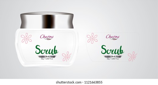 Cosmetic brand template. Vector packaging. Body care products. Oil, lotion, cream. Realistic bottle mock up set. Isolated pack on white background. scrub, silver jar