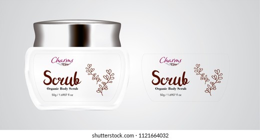 Cosmetic brand template. Vector packaging. Body care products. Oil, lotion, cream. Realistic bottle mock up set. Isolated pack on white background. scrub, silver jar