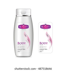 Cosmetic brand template. Vector packaging. Body care products. Oil, lotion or soap, shampoo, cream. Realistic bottle mock up set. Isolated pack on white background.