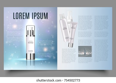 Cosmetic brochure design, can be used on catalogs or magazines. Containers for cream, foams and other cosmetics bottle mockup on dazzling background. 3D illustration.