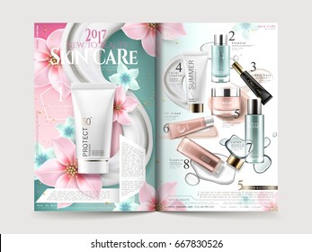 Cosmetic Brochure Design With Product Collections And Elegant Flowers, 3d Illustration