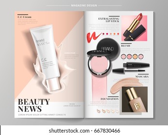 Cosmetic Brochure With Products Like Mascara, Foundation Case And Lipstick, 3d Illustration