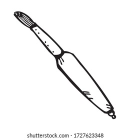Cosmetic brush. Hand drawn, doodle illustration. Element for poster, women's accessories, jewelry, advertising, cosmetology equipment. Isolated image on a white background. Vector linear graphics.