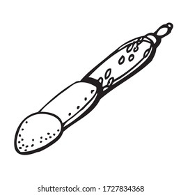 Cosmetic brush. Hand drawn, doodle illustration. Element for poster, women's accessories, jewelry, advertising, cosmetology equipment. Isolated image on a white background. Vector linear graphics.