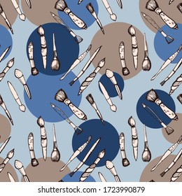 Cosmetic brush seamless pattern. Hand drawn, doodle illustration. Element for poster, women's accessories, jewelry, advertising, cosmetology equipment. Isolated image on a white background. Vector 