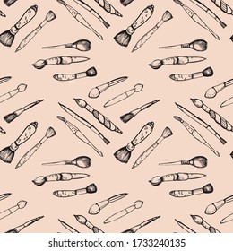 Cosmetic brush seamless pattern. Hand drawn, doodle illustration. Element for poster, women's accessories, jewelry, advertising, cosmetology equipment. Isolated image on a white background. Vector 