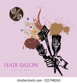 Cosmetic brushes for hair coloring vector. Hair salon logo. Hand drawn vector illustration in vintage lineart style