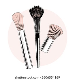 Cosmetic brushes painted with grunge and watercolor brushes in trendy pastel colors. Illustration