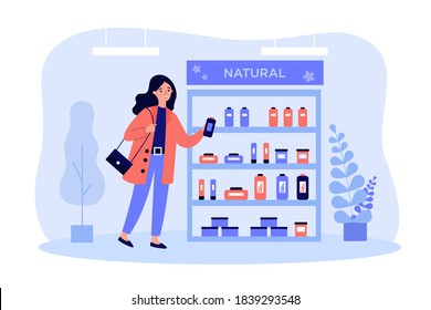 Cosmetic buyer choosing skincare cream flat vector illustration. Cartoon woman standing in shop and thinking about beauty products choice. Natural eco cosmetics and cosmetology concept