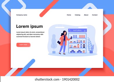 Cosmetic buyer choosing skincare cream flat vector illustration. Cartoon woman standing in shop and thinking about beauty products choice. Natural eco cosmetics and cosmetology concept