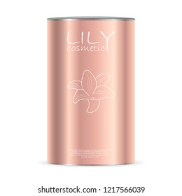 Cosmetic Can For Powder And Other Products. Golden Metal Container Cylinder Shape. Food Jar For Dry Milk, Protein, Tea, Coffee. Sports Nutrition Package.