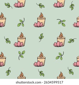 Cosmetic candle and lotus flower. SPA procedures. Vector seamless pattern. Bright illustration for background, print, wrapping paper. Repeating pattern on green background