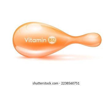Cosmetic capsule Vitamin B12 or Collagen antibiotic gel pill template for repair Skin care anti age and Hair. Serum capsule orange 3D realistic isolated on white background. Vector EPS10.
