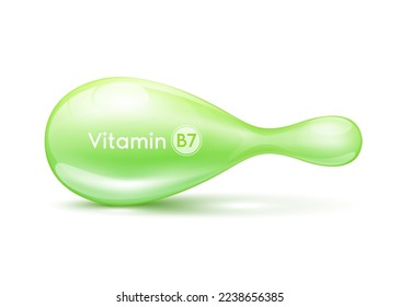 Cosmetic capsule Vitamin B7 or Collagen antibiotic gel pill template for repair Skin care anti age and Hair. Serum capsule green 3D realistic isolated on white background. Vector EPS10.
