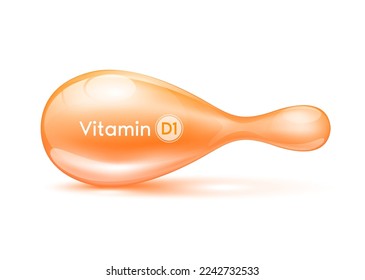 Cosmetic capsule Vitamin D1 or Collagen antibiotic gel pill template for repair Skin care anti age and Hair. Serum capsule orange 3D realistic isolated on white background. Vector EPS10.