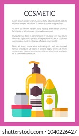 Cosmetic card, various vials vector illustration with rectangular lilac frame, colorful bottles with cream and shampoos, isolated on white backdrop