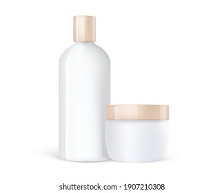 Cosmetic Care Cream Jar And Shampoo Plastic Bottle Mockup With Gold Caps. 3d Detailed Cosmetic Mockups.