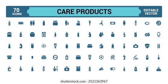 Cosmetic and Care products icon set. pó, batom, rímel, coleção de ícones cheios, símbolo de glifo definido para web e ui. Ícone sólido definido. Ilustração vetorial.