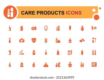 Cosmetic and Care products icon set. pó, batom, rímel, coleção de ícones cheios, símbolo de glifo definido para web e ui. Ícone sólido definido. Ilustração vetorial.