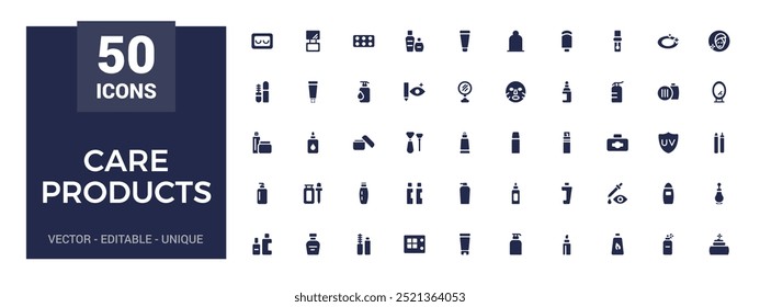 Cosmetic and Care products icon set. pó, batom, rímel, coleção de ícones cheios, símbolo de glifo definido para web e ui. Ícone sólido definido. Ilustração vetorial.