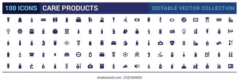 Cosmetic and Care products icon set. pó, batom, rímel, coleção de ícones cheios, símbolo de glifo definido para web e ui. Ícone sólido definido. Ilustração vetorial.