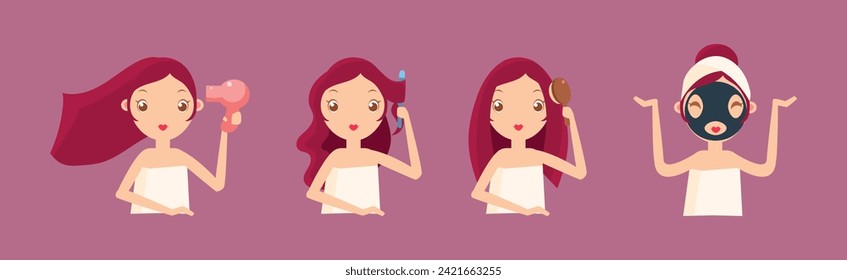Cosmetic Care Routine with Woman Character Vector Set