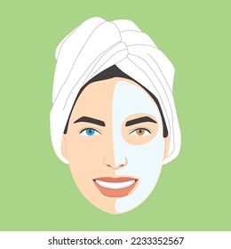 Cosmetic care, smiling woman with half face mask and towel on her head, has different colored eyes, vector isolated on green background.