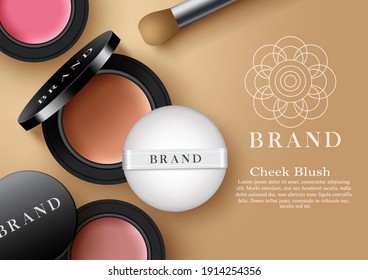 Cosmetic cheek blush products vector template design. Cheeks make up cosmetics product with elements like mock up blush compact powder and sponge for beauty brand advertisement. Vector illustration