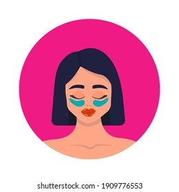 Cosmetic collagen eye patches. Green eye patches for beauty and skin care. Beauty female face with hydrogel eye patches. Vector pink illustration.