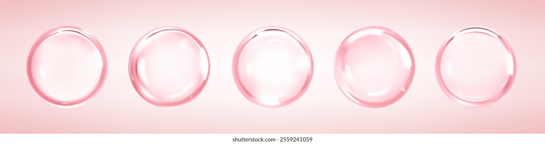 Cosmetic collagen serum or essence drops on pink background. Hyaluronic acid bubbles. Skincare product. Vector illustration